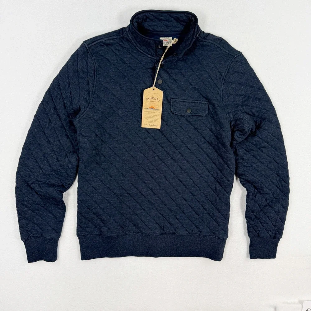 Faherty Epic Quilted Fleece Pullover Size S Mens Navy Melange NEW